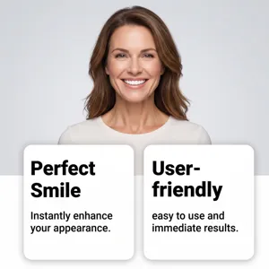 Smiling middle-aged woman above two cards reading “Perfect Smile” and “User-friendly”