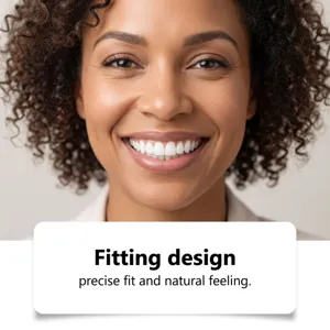 Close-up of a smiling woman showing bright teeth beside text about a precise, natural fit