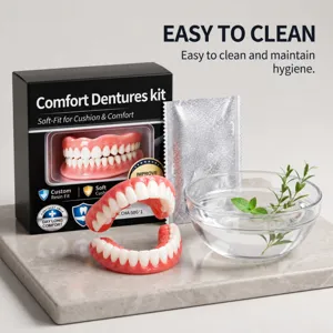 Upper and lower dentures displayed beside their kit packaging, sealed pouch and glass bowl