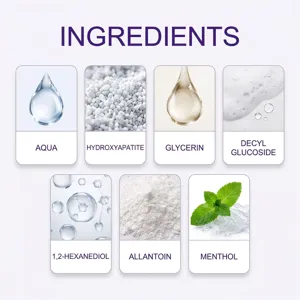 Ingredient cards show seven components, including aqua, hydroxyapatite, glycerin and menthol