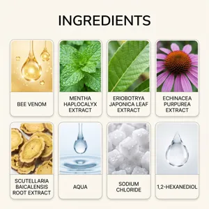 Ingredient chart with eight illustrated panels showing bee venom, botanical extracts, water and salts
