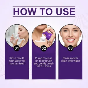 Three-step oral care guide: rinse, apply purple mousse to a toothbrush, brush, then rinse
