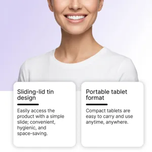 Smiling woman with bright white teeth above cards describing a sliding-lid tin and portable tablets