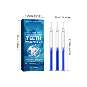 Blue box beside three 3 ml syringe-style gel applicators, with package and tube dimensions shown
