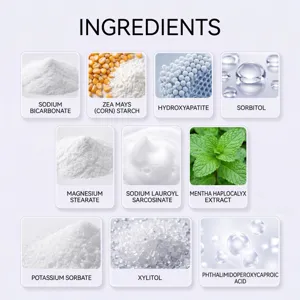 Ingredient chart with cards for baking soda, corn starch, sorbitol, xylitol and mint extract