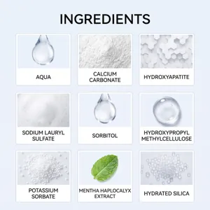 Nine ingredient cards in a blue-white grid, with a mint leaf, powders, and liquid textures
