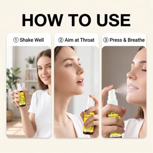 Three-step guide showing how to shake the herbal spray, aim at the throat, and breathe while spraying