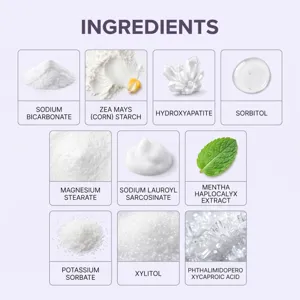 Ingredient chart on a pale lavender background, with powders, crystals, and mint leaf in a grid