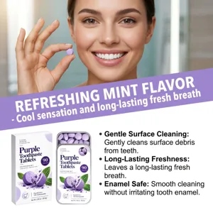 Smiling woman holds a purple tablet above a display of mint-flavored tablets and packaging