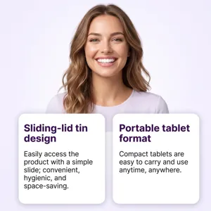 Smiling woman above two cards highlighting a sliding-lid tin and portable tablet format