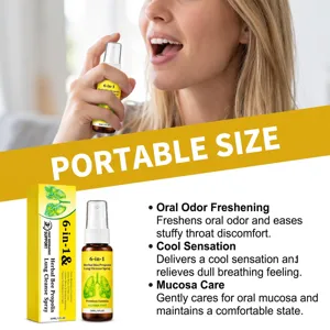 Portable oral spray shown in use, with its 30 ml bottle and matching box displayed below.