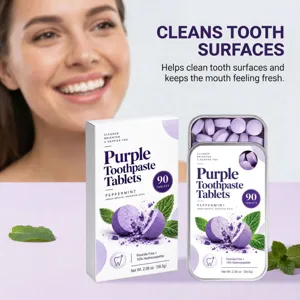 Product display with purple mint tablets in a metal tin and carton, beside a smiling woman