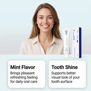Smiling woman beside mint toothpaste, with cards promoting fresh breath and a brighter-looking smile