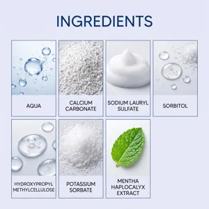 Ingredient chart with water, calcium carbonate, cleansing agents, sorbitol and mint leaf extract