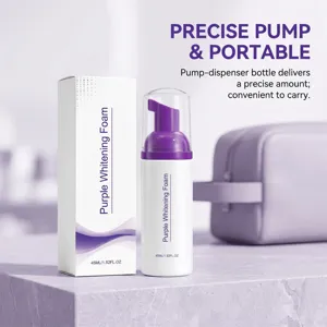White 45 ml foam bottle with purple pump beside its matching box, in a portable design