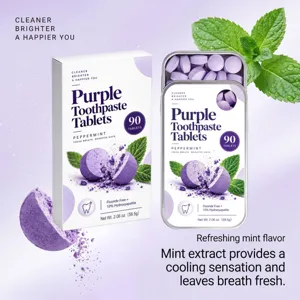 Purple tablets shown in paper and metal tins, with a broken tablet and fresh mint leaves