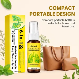 Compact 30 ml spray bottle and yellow box beside handbags, highlighting a portable travel design
