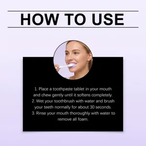 How-to-use graphic shows a woman brushing with toothpaste foam and three oral care steps.
