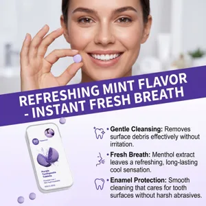 Smiling woman holding a purple oral-cleaning tablet beside its tin and mint-freshness claims