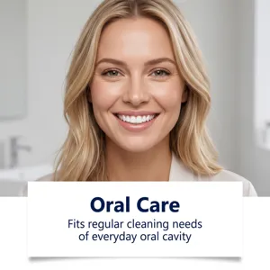 Smiling woman in a bright bathroom above an oral care message about everyday cleaning needs.