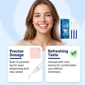 Smiling woman beside gel syringes; cards show pointed-tip dosing and a refreshing mint taste.