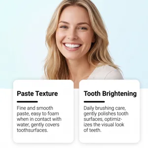 Smiling woman above panels showing smooth foaming paste and gentle tooth brightening care