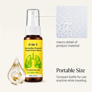 Amber glass spray bottle with a macro view of water droplets and a portable-size callout