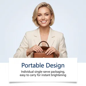 Smiling woman holds a compact brown pack beneath text about portable, single-serve brightening