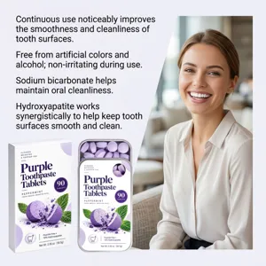 Purple toothpaste tablets in a tin and box beside a smiling woman, with oral-care benefits listed