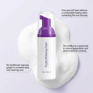 White 45 ml oral cleansing foam bottle with a purple pump, set against a soft foam backdrop