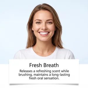 Smiling woman against a pale blue background beside a Fresh Breath message about brushing