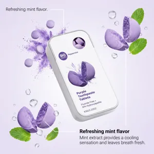 Promotional view of a silver tin with purple tablets, mint leaves and water droplets