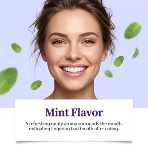 Close-up of a smiling woman framed by mint leaves beside a Mint Flavor freshness message