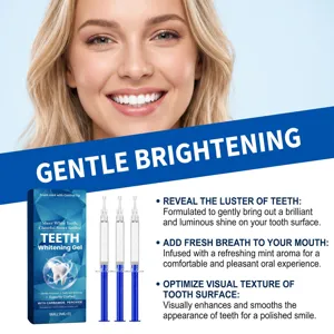 Blue dental gel box and three applicators displayed beneath a close-up of a smiling woman