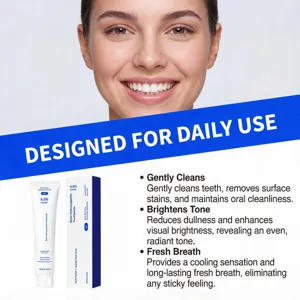 Smiling woman above a blue daily-use banner, with toothpaste tube, box and benefit list below