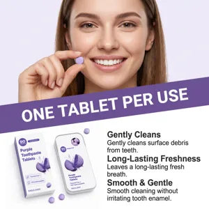 Smiling woman holds a purple tablet beside toothpaste packaging with freshness claims