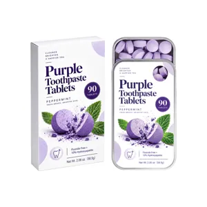 Purple peppermint toothpaste tablets, 90-count box and open tin showing the tablet contents