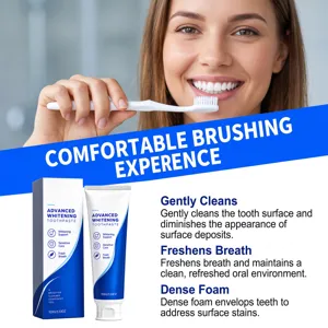 Smiling woman brushes her teeth above blue-and-white toothpaste box and tube packaging