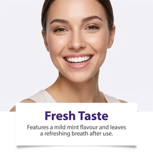 Close-up of a smiling woman with bright teeth beside text about mild mint flavor and fresh breath