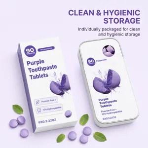 White carton and silver tin with purple mint tablets and leaves, shown in clean storage.