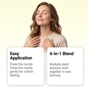 Woman smiling with closed eyes beside cards about nozzle use and a blend of six plant extracts