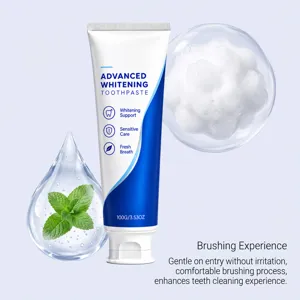 Toothpaste tube beside fresh mint leaves, a water droplet and a large foamy bubble above