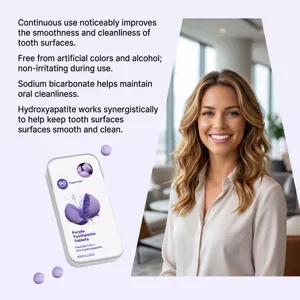 Purple tablets in a tin beside loose tablets, a smiling woman and oral-care benefit text