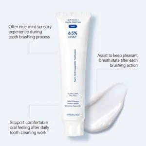 White toothpaste tube beside a smooth paste swatch, with mint flavor and 6.5% nHAP details