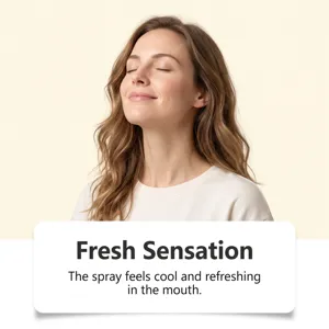 A woman with closed eyes tilts her head back beneath “Fresh Sensation” on a soft cream background.