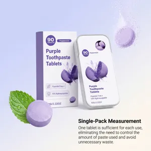 Display of a 90-tablet box and tin beside one purple tablet, with fresh mint leaves