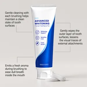 Blue-and-white toothpaste tube with a white paste dollop and icons for whitening and fresh breath
