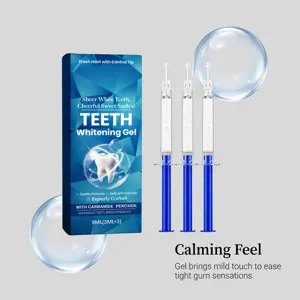 Product display with a blue box and three syringe-style gel applicators, plus clear decorative bubbles