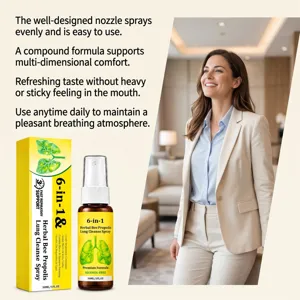 Herbal propolis spray bottle and yellow box beside a smiling woman in a bright modern living room
