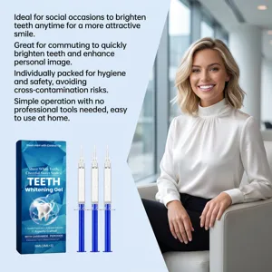 Whitening gel kit with three applicator syringes beside a smiling woman showing her teeth
